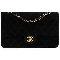 1990s Chanel Black Quilted Suede Vintage Medium Classic Double Flap Bag