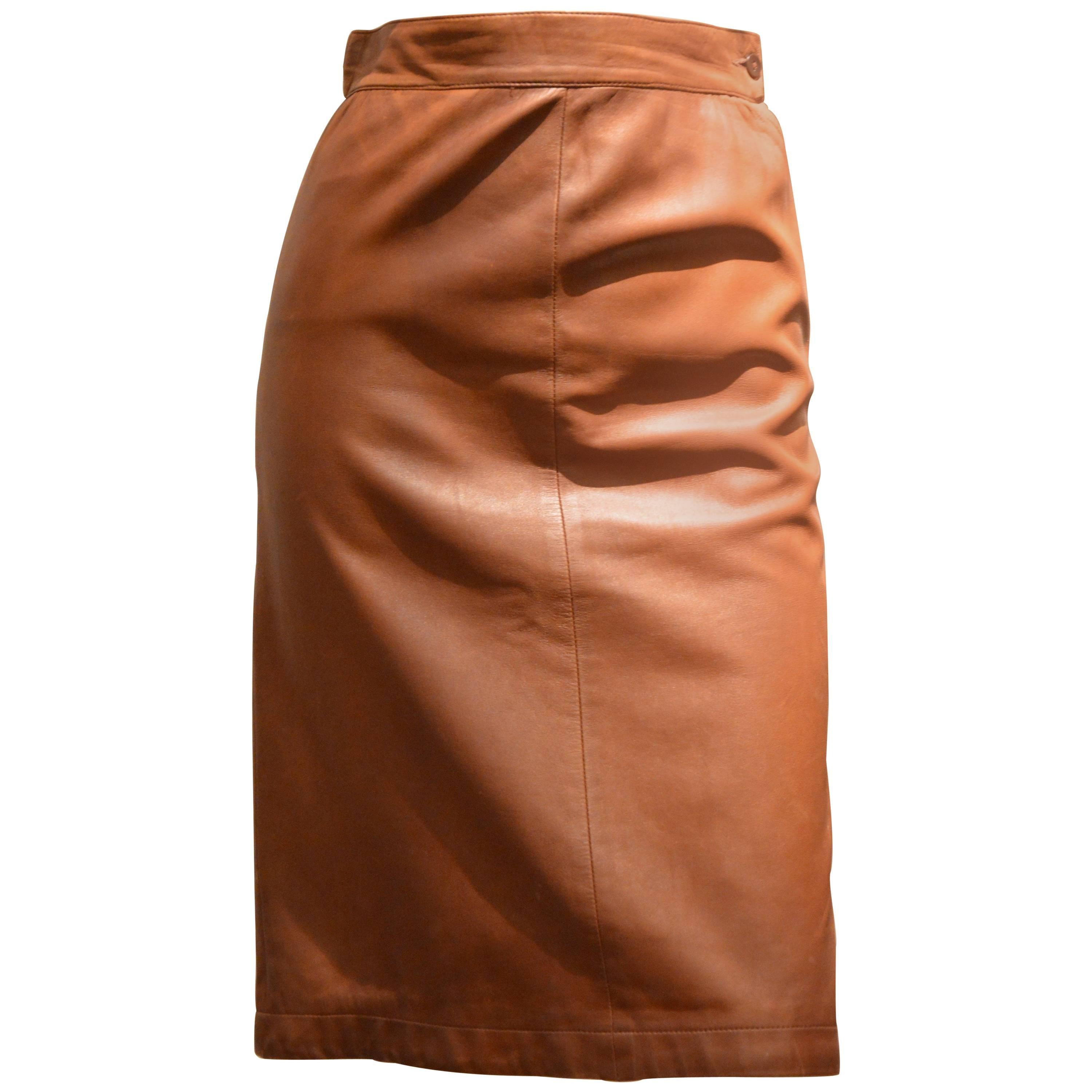 Fine Yves Saint Laurent Rive Gauche Honey Color Leather Skirt For Sale