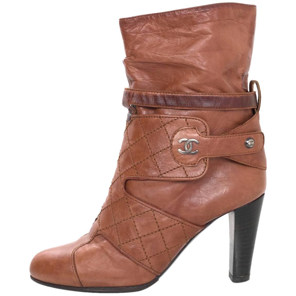 Chanel Tan Leather Ankle Boots Sz 37