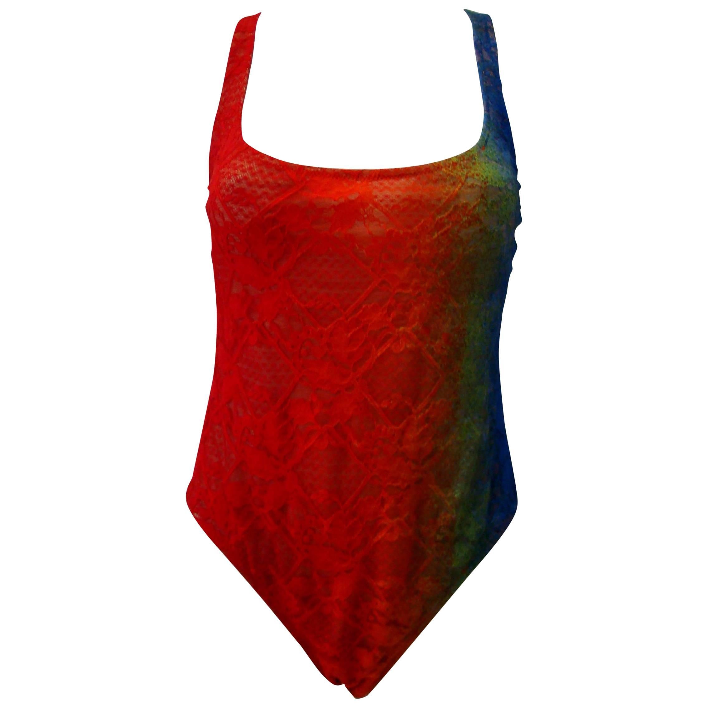 Gianni Versace Punk Multi-Coloured Lace Overlay Swimsuit Spring 1994 For Sale