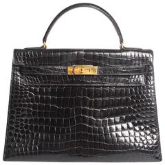 Vintage Hermes Kelly 32 Crocodile Leather Bag - black-collector's item and very very rar