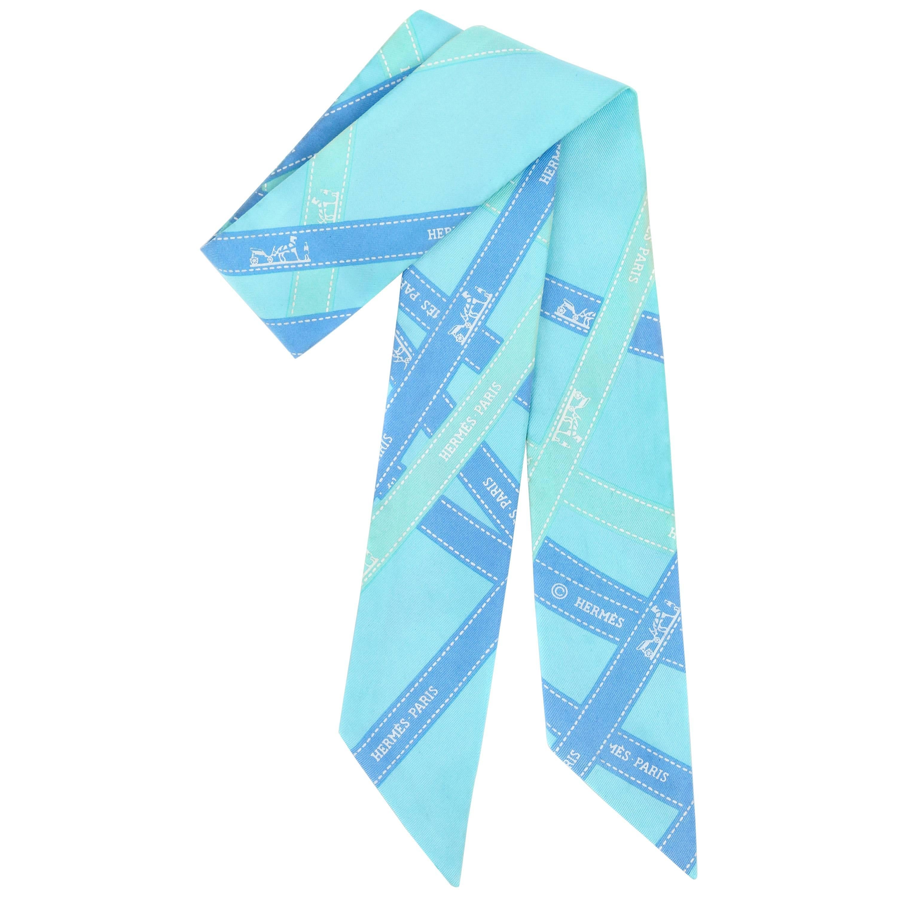 HERMES "Twilly" Turquoise "Bolduc" Ribbon Print Silk Skinny Scarf Neck Tie