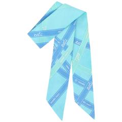 HERMES "Twilly" Turquoise "Bolduc" Ribbon Print Silk Skinny Scarf Neck Tie (cravate)