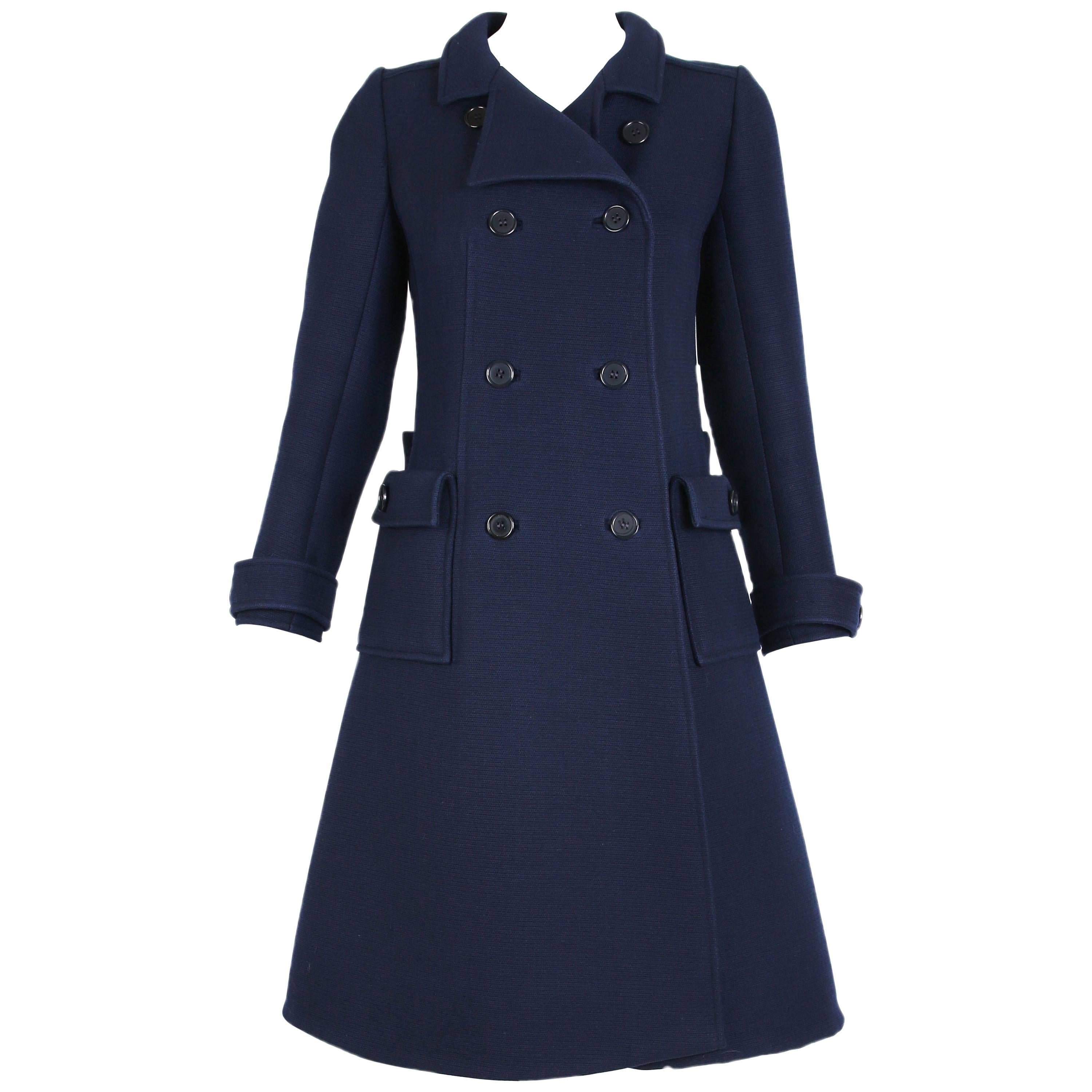 1960's Courreges for Bonwit Teller Navy Mod Space Age Wool Double-Breasted Coat