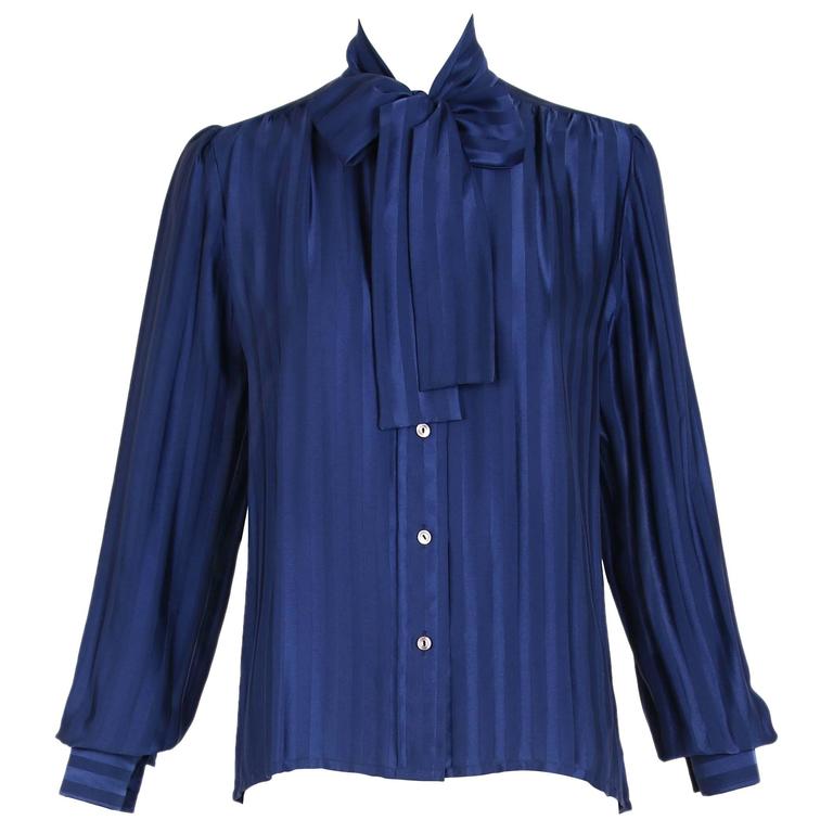 Vintage Yves Saint Laurent Blue Striped Silk Blouse w/Pussy Bow at 1stDibs