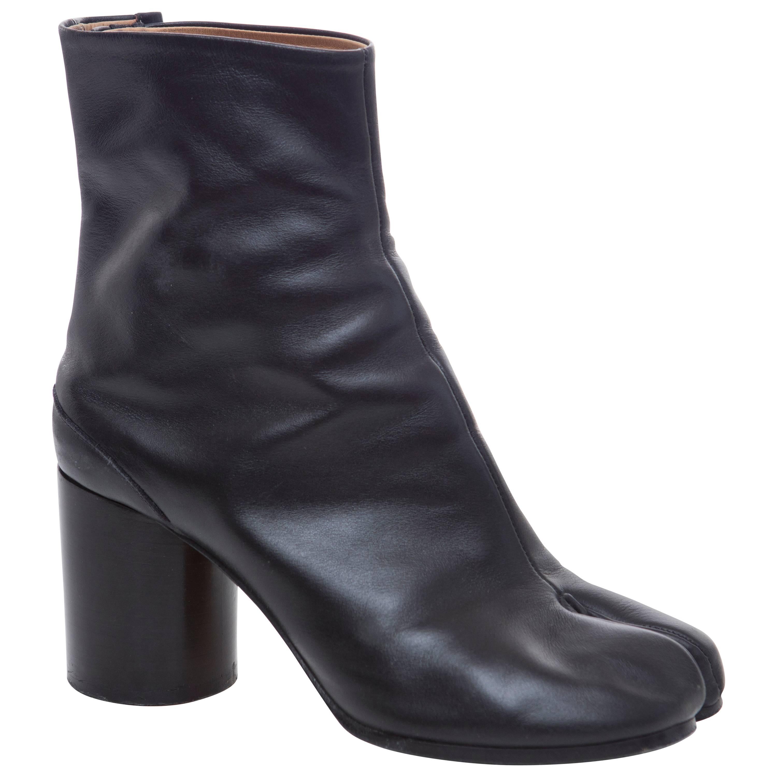 Maison Martin Margiela Black Leather Tabi Ankle Boots With Stacked