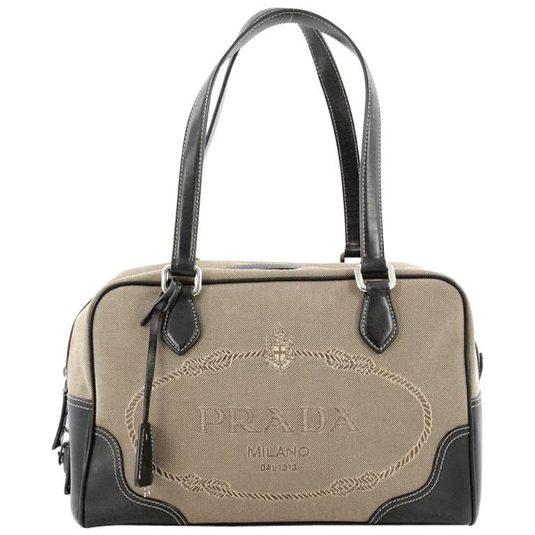 Prada Logo Bauletto Handbag Canvas with Leather Medium