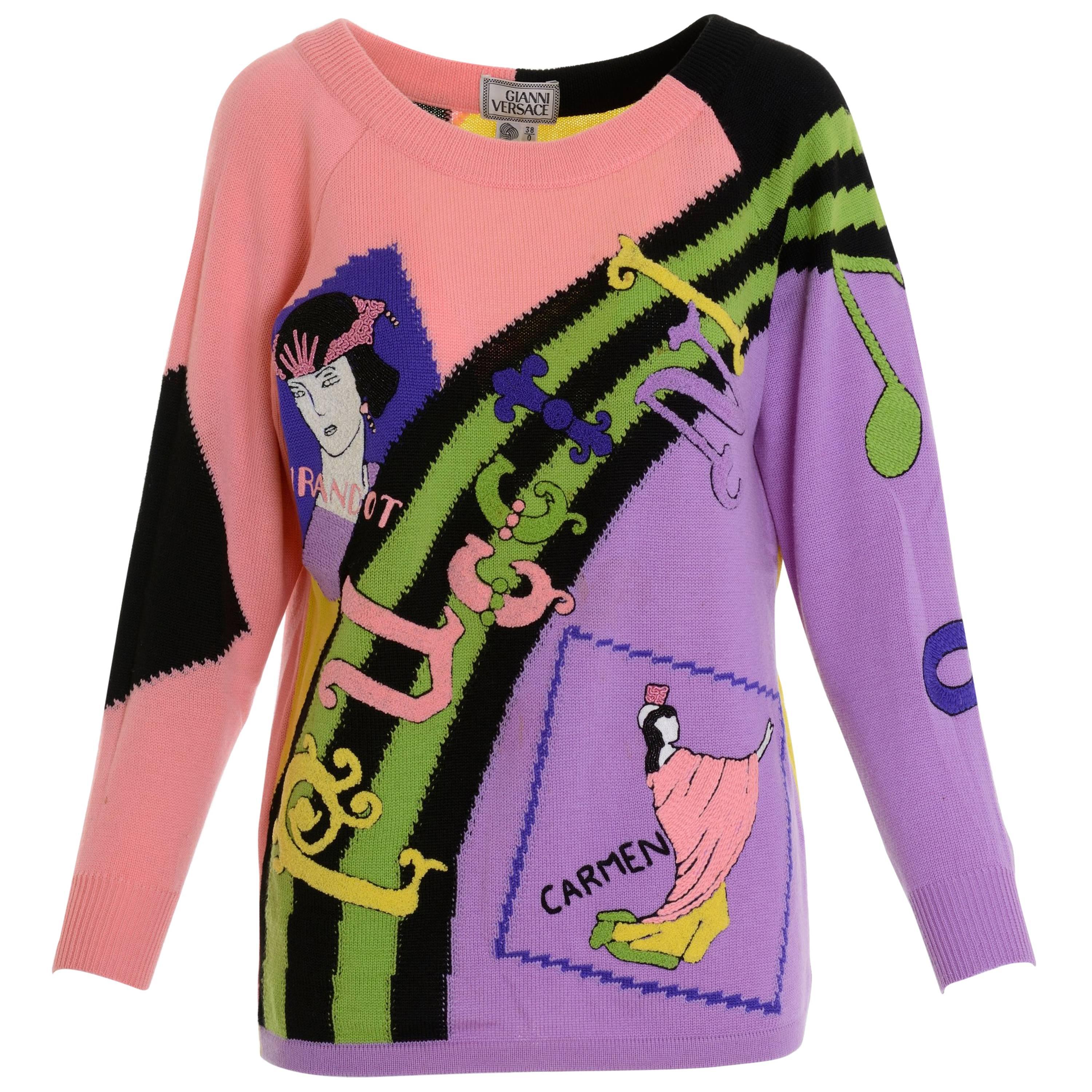 1980s GIANNI VERSACE "Opera" Printed Embroidered Sweater Pullover