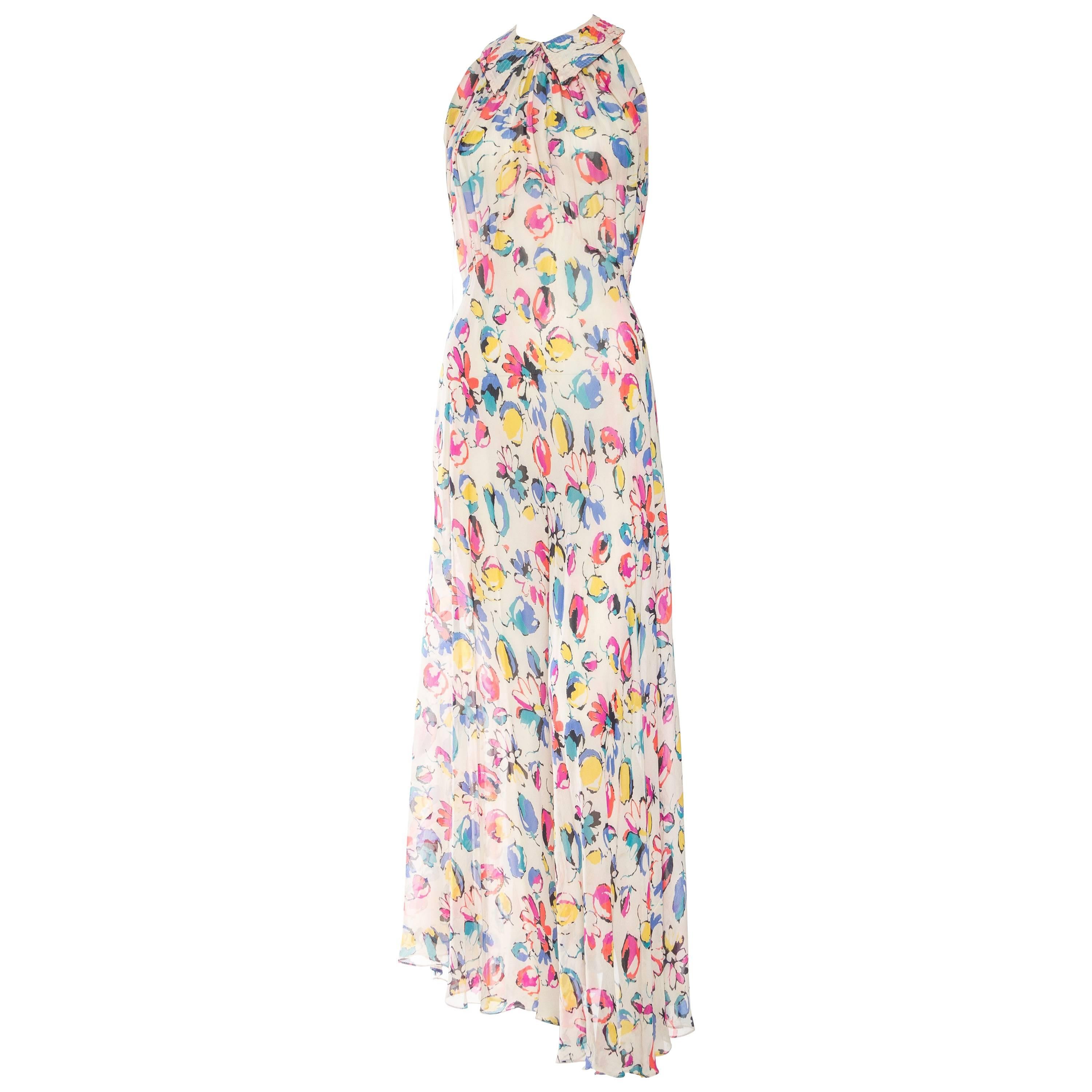 Beautiful 1930s Floral Bias Silk Chiffon Dress
