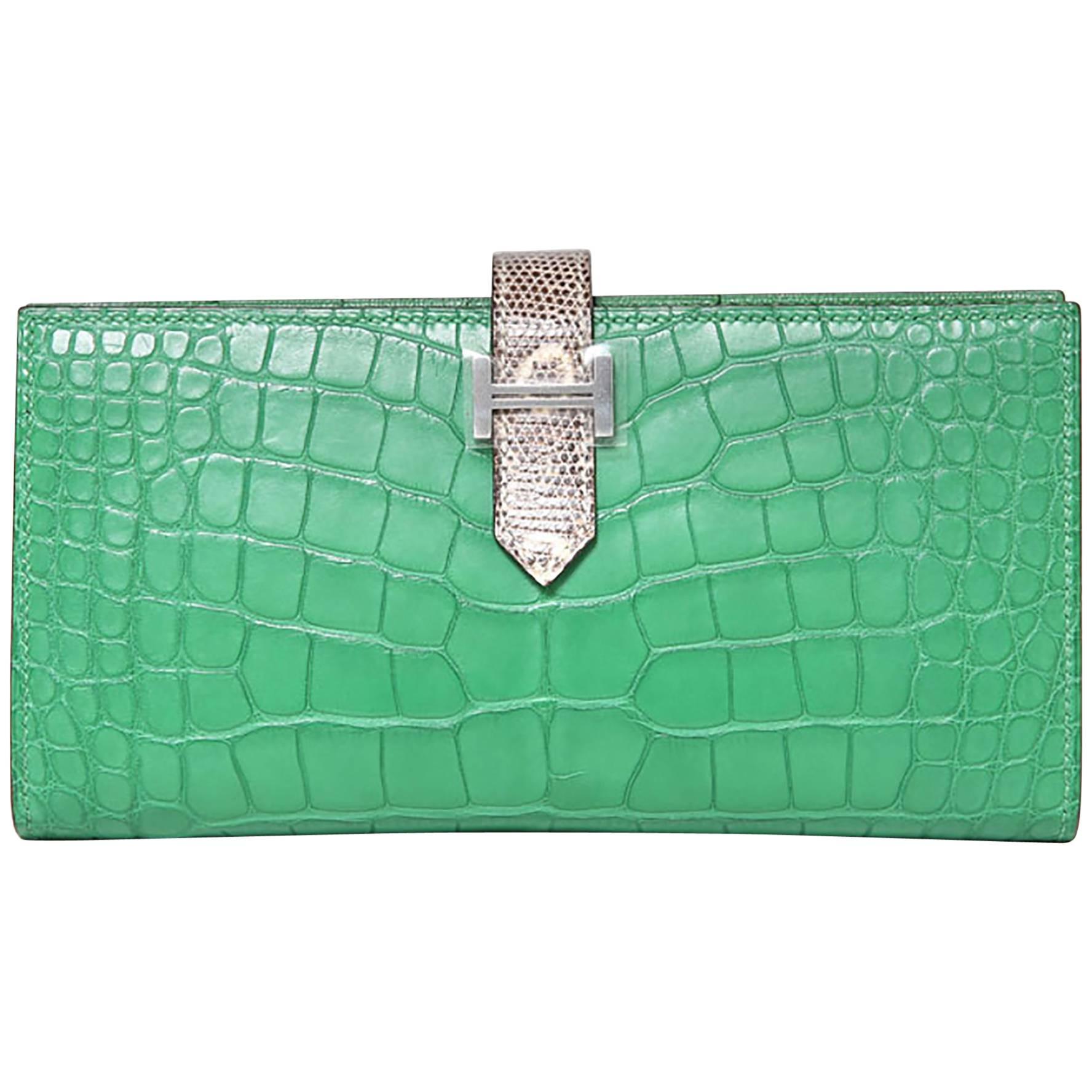 Hermes Bearn Wallet Crocodile Fight Lizard Skin Green / Ombre Color PHW