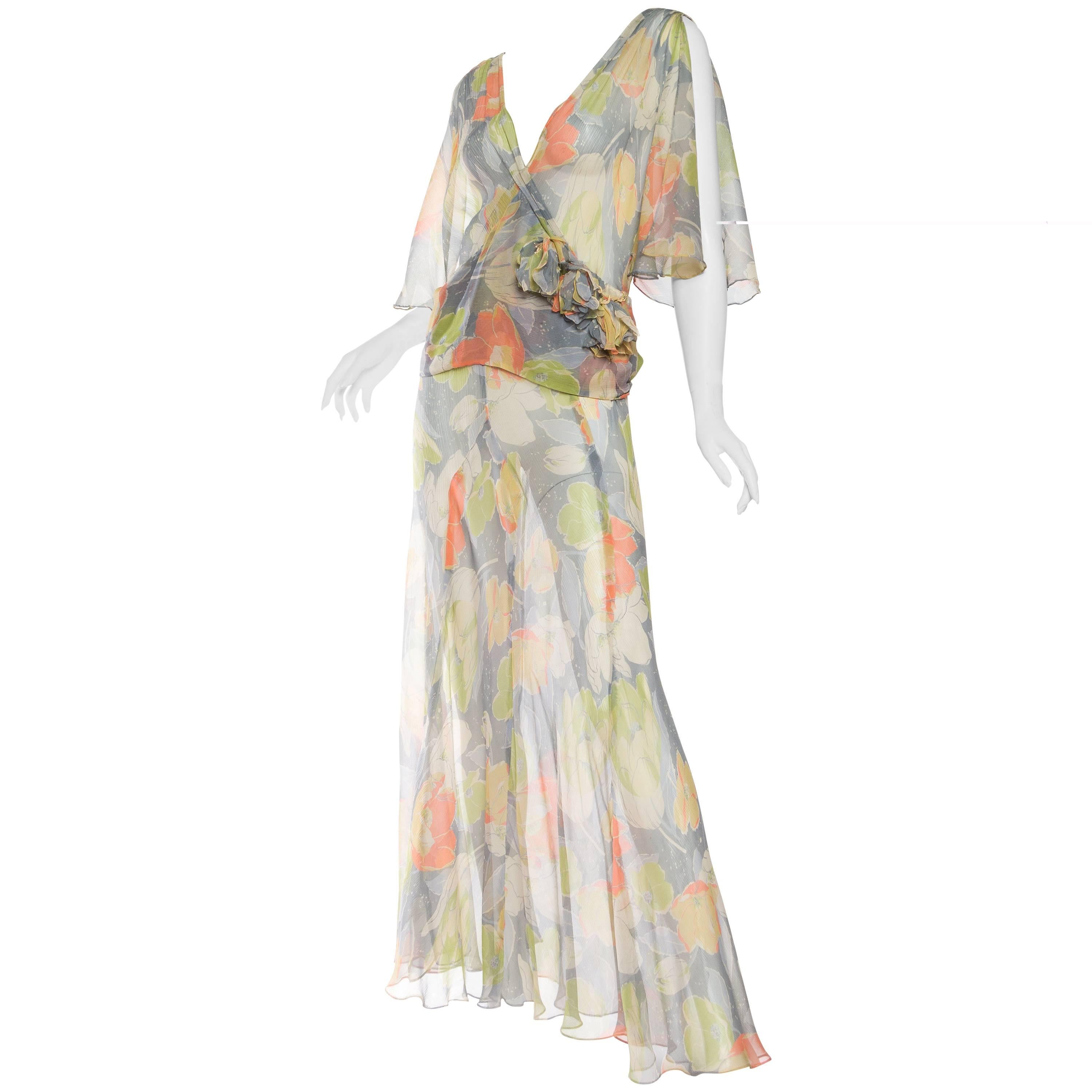 Beautifully Finished Sheer 1930s Bias-Cut Floral Silk Chiffon Dress