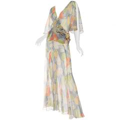 Vintage Beautifully Finished Sheer 1930s Bias-Cut Floral Silk Chiffon Dress