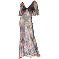 Sheer and Sexy Original 1930s Bias-Cut Floral Silk Chiffon Dress