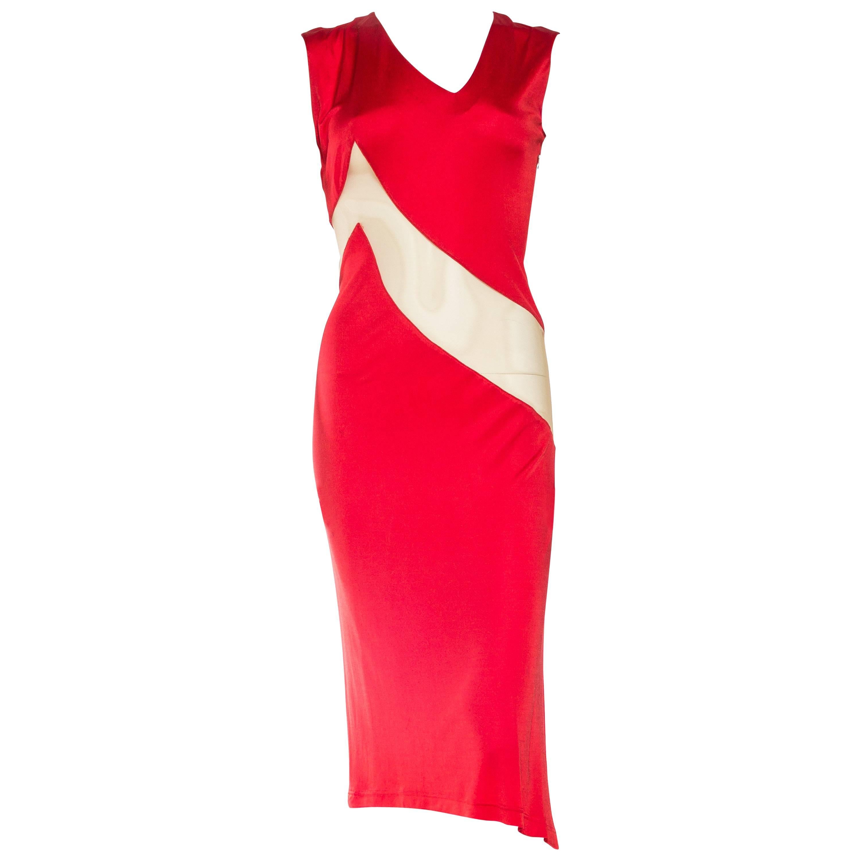 1990S ALEXANDER MCQUEEN Blood Red Acetate Jersey Nude Illusion Paneled Dress Fr For Sale