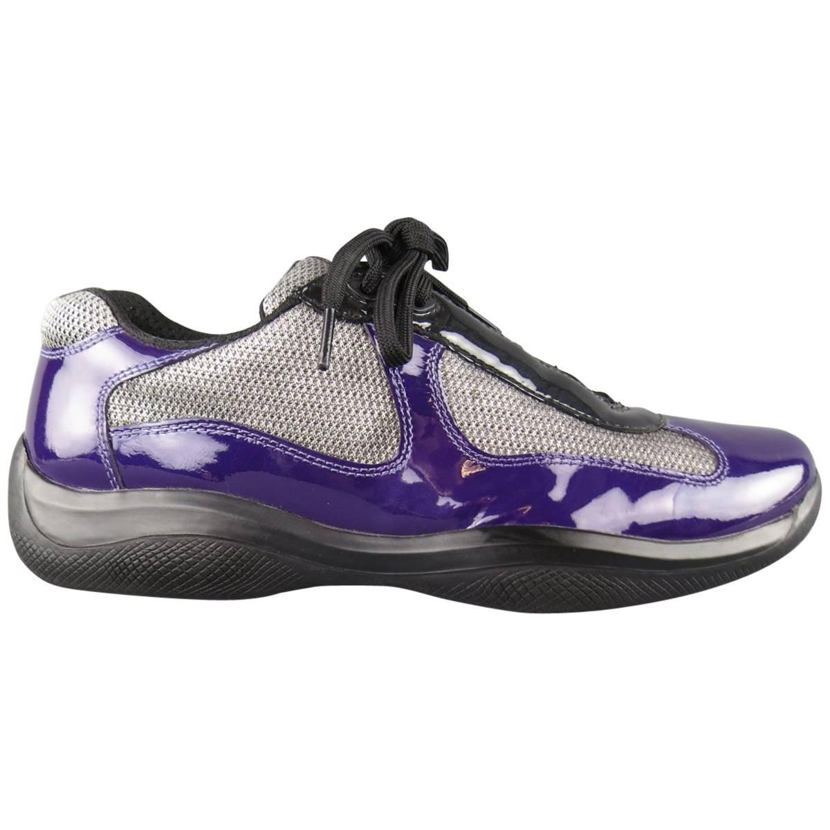 Men's PRADA Size 9.5 Purple & Black Patent Leather Silver Mesh Sneakers