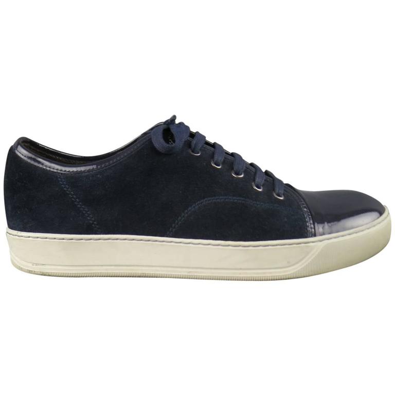 Men's LANVIN Size 10 Navy Suede and Patent Leather Cap Toe Sneakers at ...