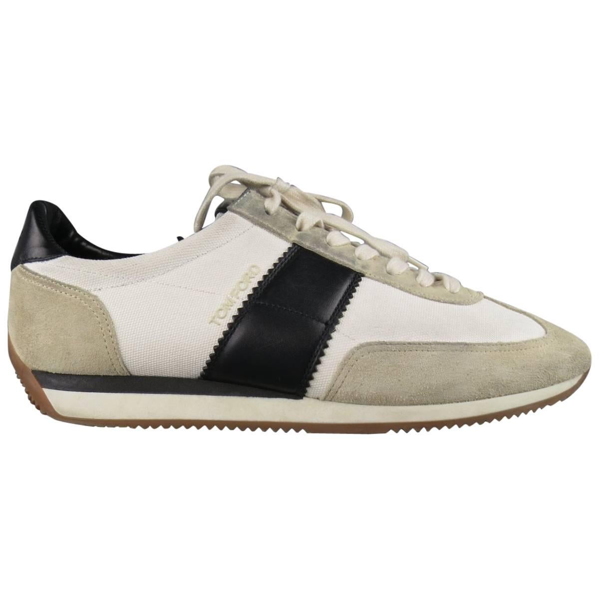 TOM FORD Size 11 White & Black Two Toned Suede & Canvas Orford Sneakers