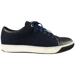 Men's LANVIN Size 12 Navy & Black Wool & Embossed Leather Cap Toe Sneakers