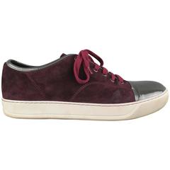 Men's LANVIN Size 10 Burgundy Suede Charcoal Patent Leather Cap Toe Sneakers
