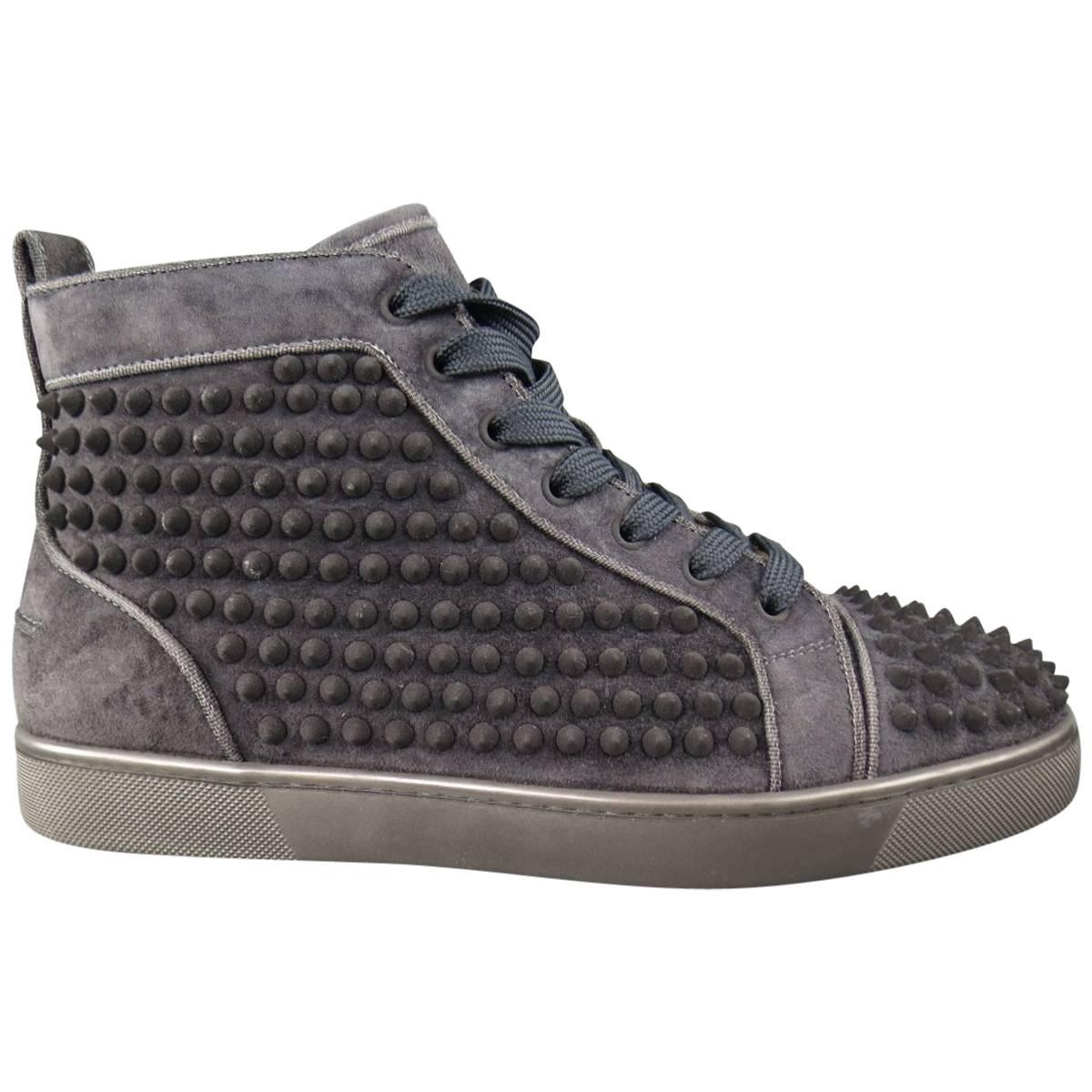 Men's CHRISTIAN LOUBOUTIN Size 8 Charcoal Suede Louis Spike High Top Sneakers
