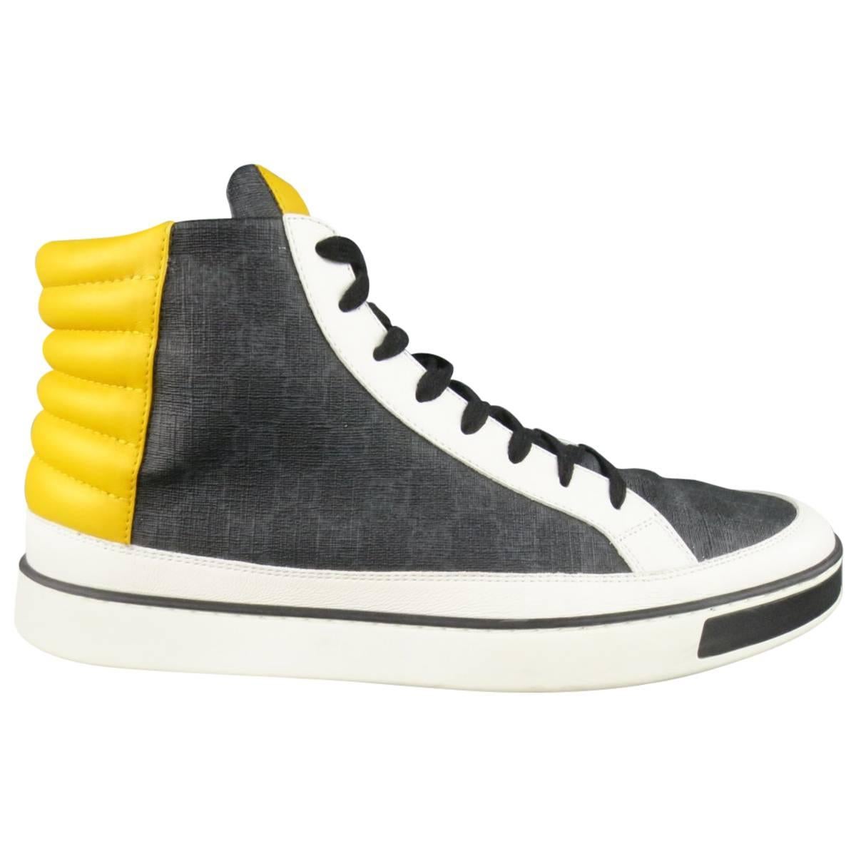 Men's GUCCI Size 13.5 White & Yellow Navy Monogram Leather High Top Sneakers