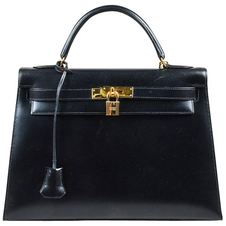 Hermes Vintage "Kelly" Black Box Calf Leather 32 cm Flap Bag For Sale