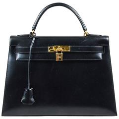 Hermes Retro "Kelly" Black Box Calf Leather 32 cm Flap Bag