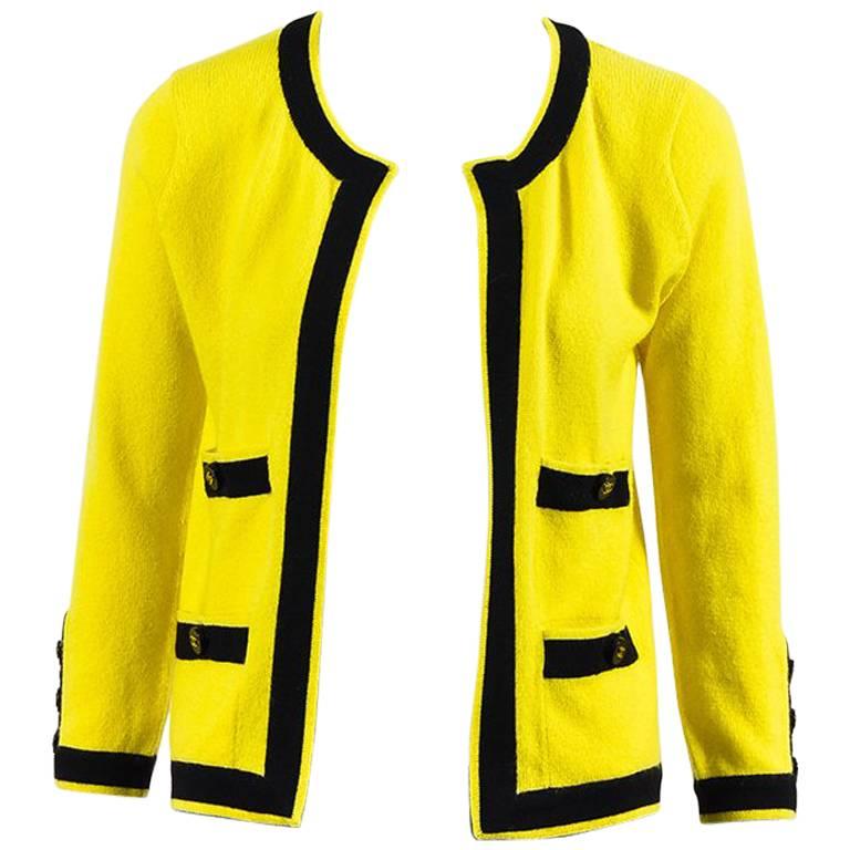 Chanel Boutique Vintage Yellow Black Cashmere Striped Cardigan For Sale