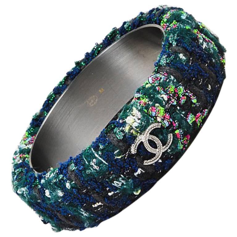 Chanel 13A Green Navy Multicolor Woven Tweed 'CC' Bangle Bracelet For Sale