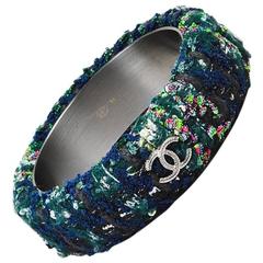 Chanel 13A Green Navy Multicolor Woven Tweed 'CC' Bangle Bracelet