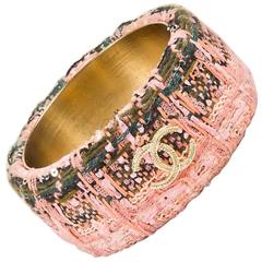 Chanel 13A Pink Green Woven Tweed 'CC' Wide Bangle Bracelet 8
