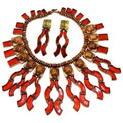 1960s Chanel Gold Lion Head with Red Glass Fringe Necklace + Earrings Set Rare 3