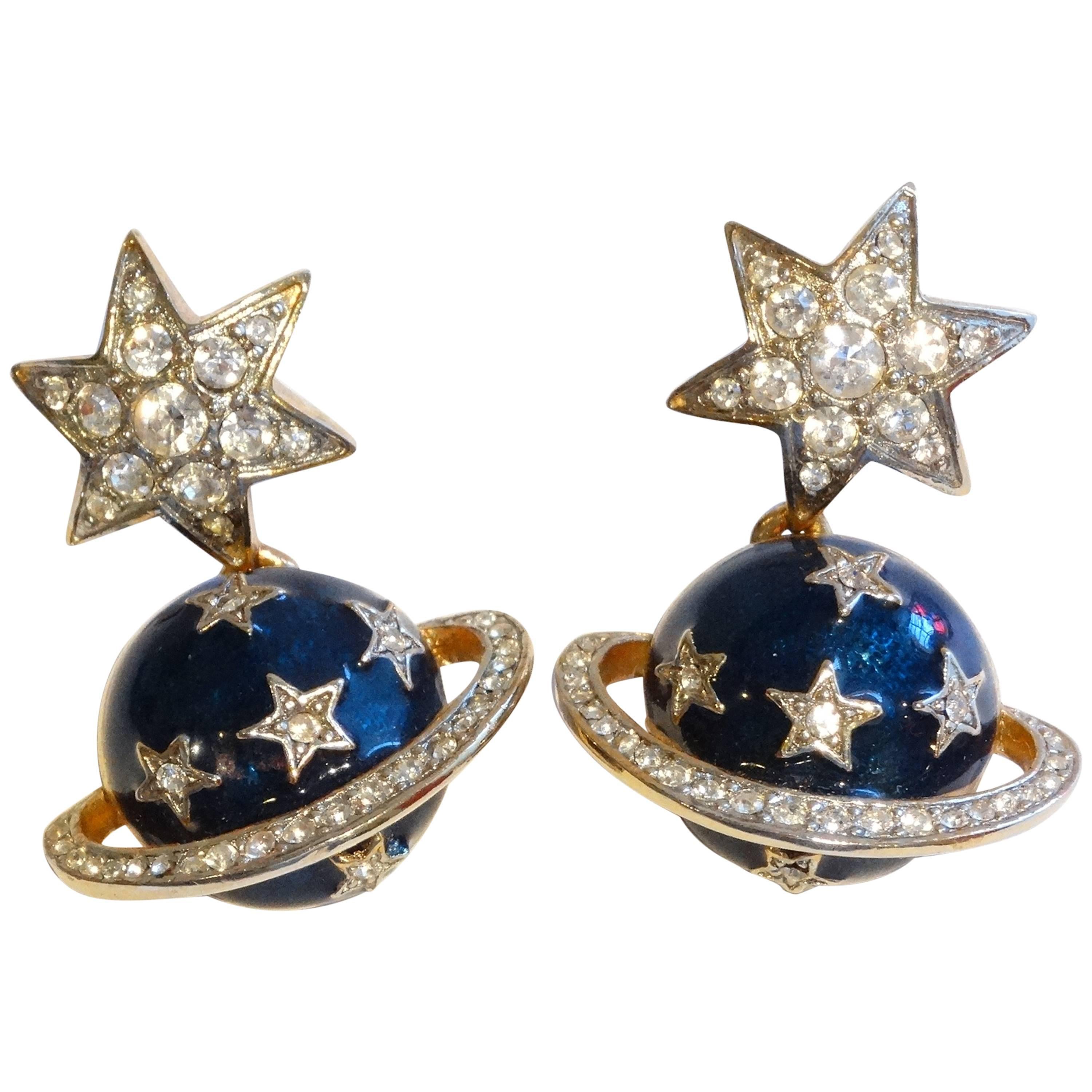 1980s Butler & Wilson Saturn & Star Enamel Earrings