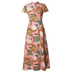 1960's Mr. Blackwell Pink Multicolor Swirl Print Rhinestone Maxi Dress