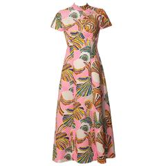 1960's Mr. Blackwell Pink Colorful Swirl Print Rhinestone Maxi Dress 10