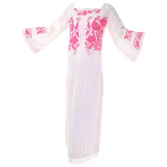Folk Art Bohemian 1960s Vintage Dress With Embroidered Pink Peacocks 