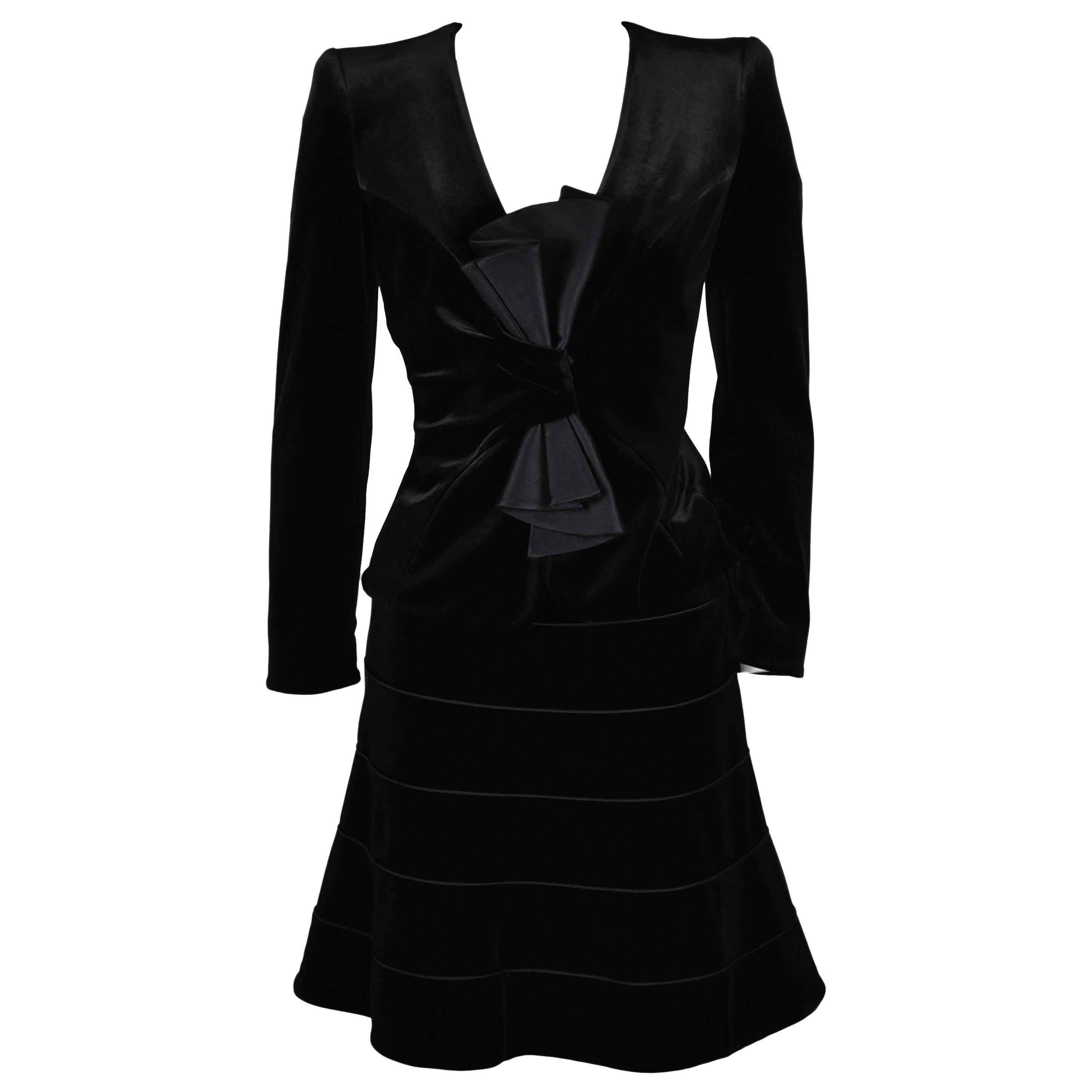 Giorgio Armani Classic Black Velvet Cocktail Skirt Suit  For Sale