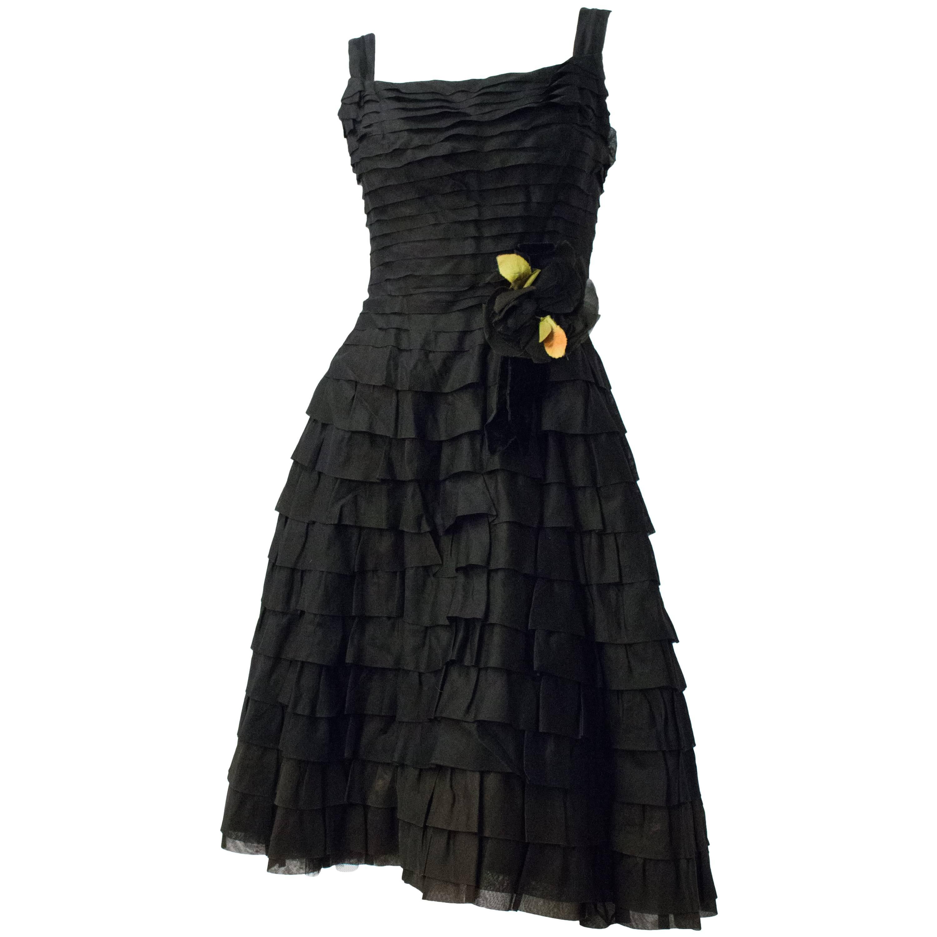 50s Emma Domb Black Chiffon Tiered Dress For Sale