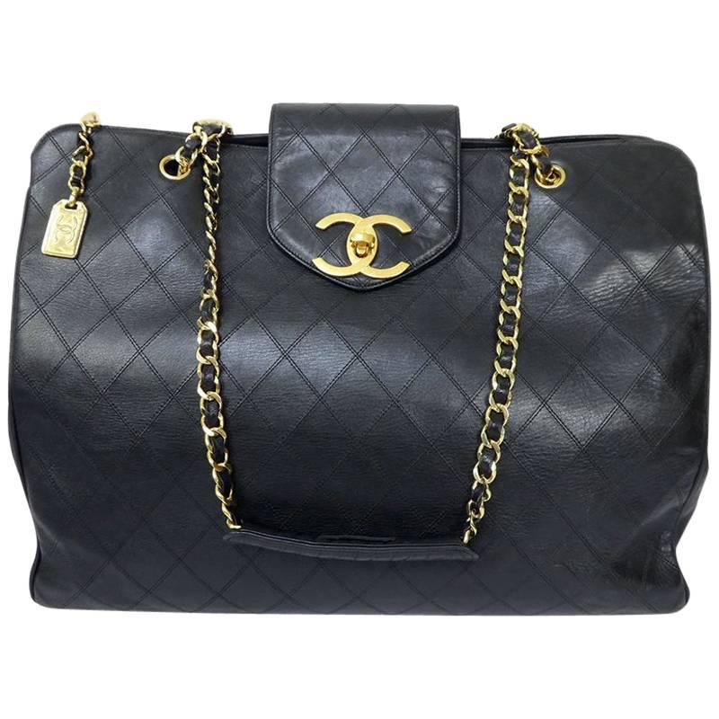 Chanel Black Lambskin Maxi Jumbo XXL Weekender Overnighter Supermodel Tote Bag For Sale
