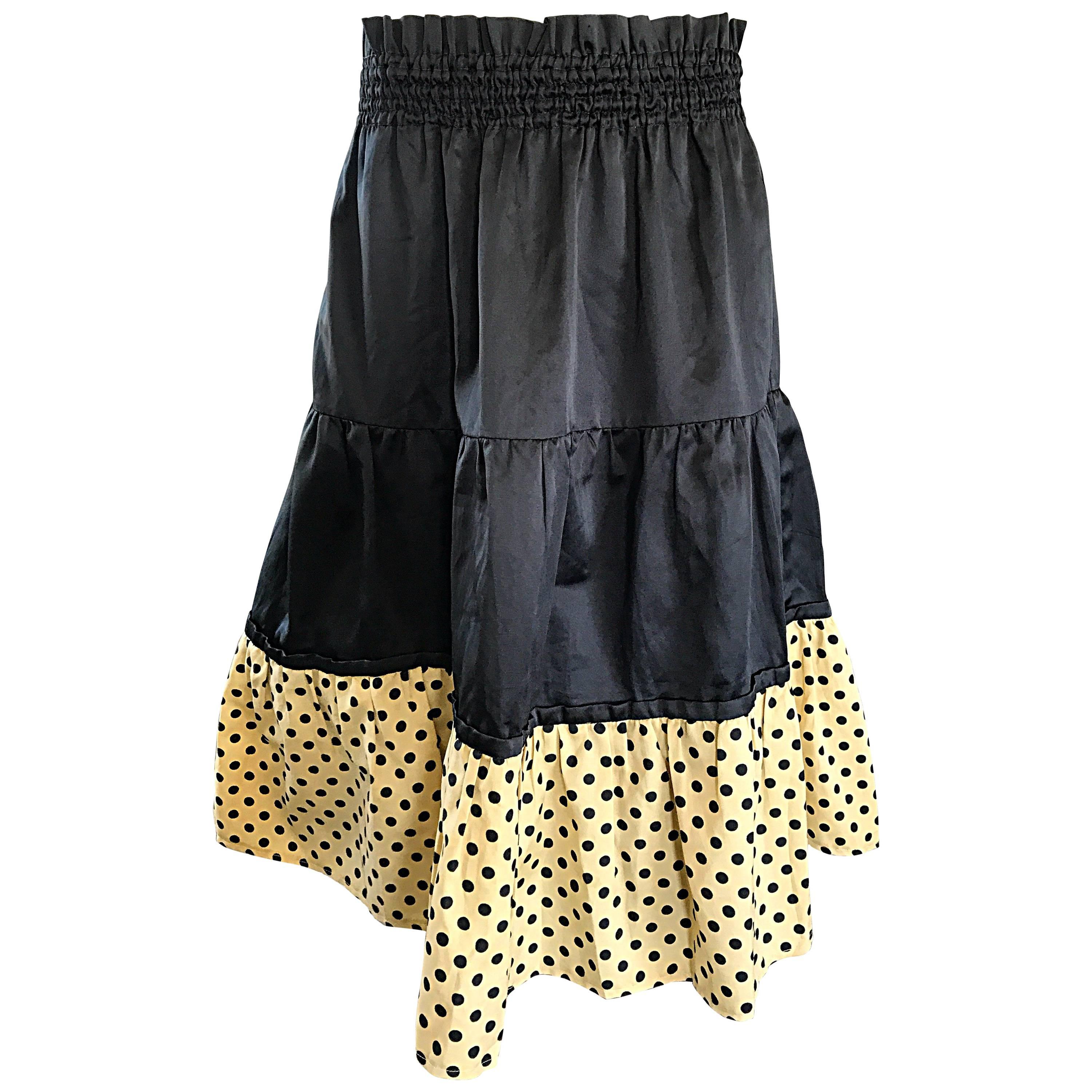 1970s Pierre Cardin Black Ivory Polka Dot Tiered Ruffle Vintage 70s Midi Skirt