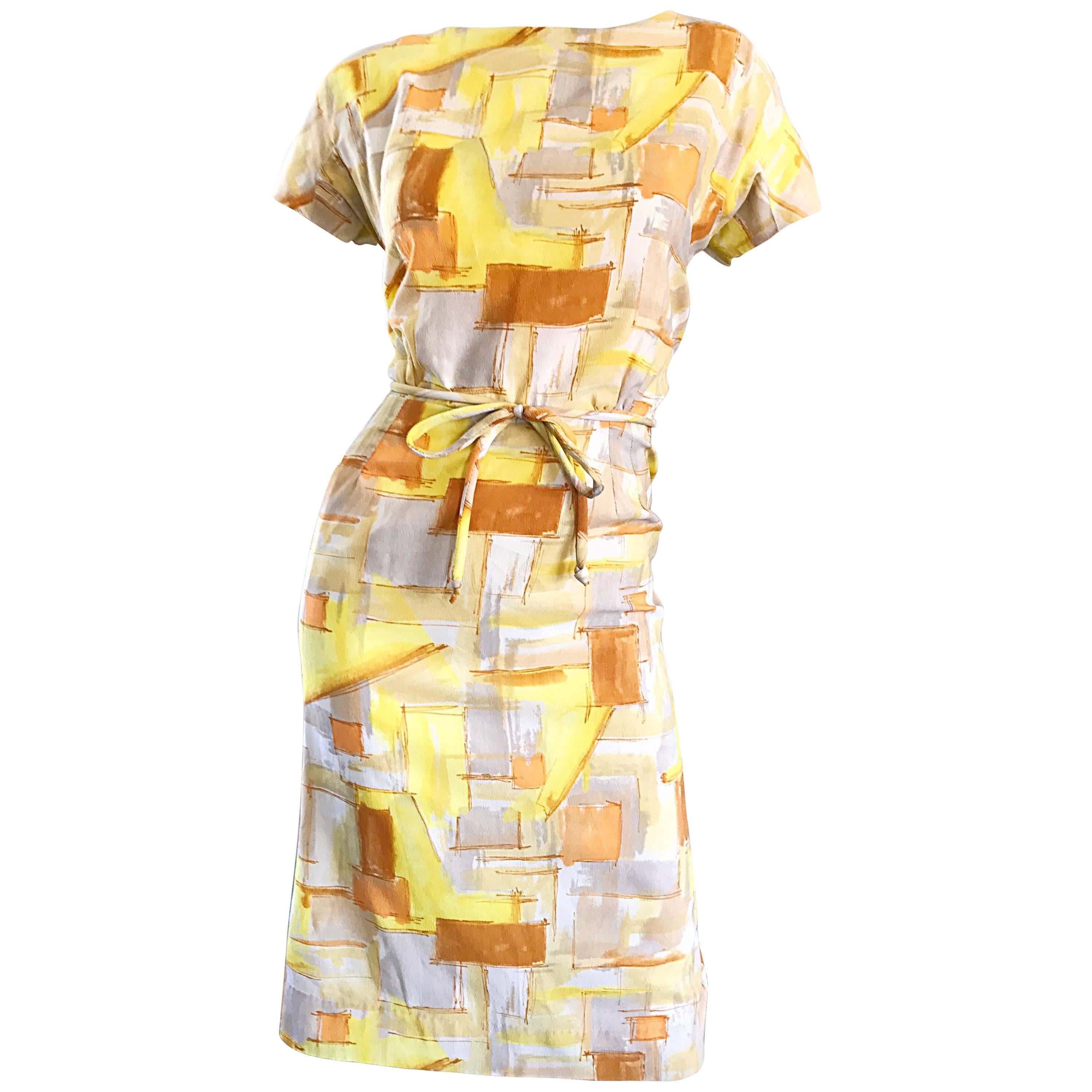 Chic 1960s Yellow + Orange + White Short Sleeve Belted Vintage 60s Mod Day Dress For Sale