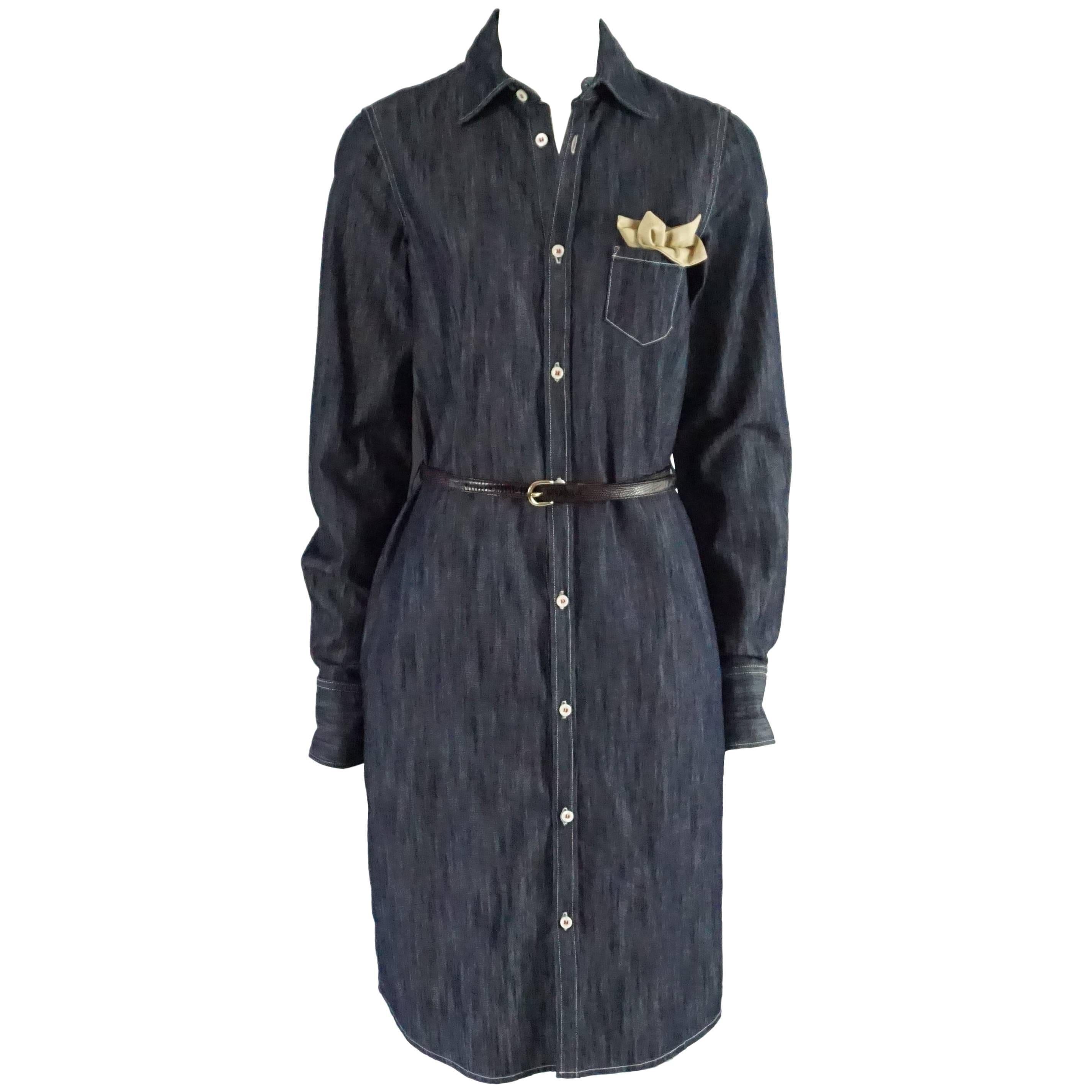 DSquared2 Blue Denim Dress with Belt and Attached Pocket Square - 44