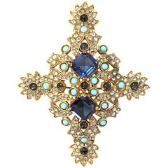 Kenneth Jay Lane Blue & Gold Crystal Brooch Pin 4