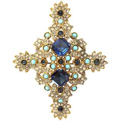 Kenneth Jay Lane Blue & Gold Crystal Brooch Pin