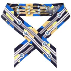 Hermes Navy Tassel Print Silk Twilly Scarf