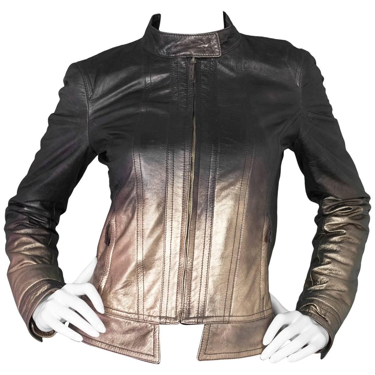 Roberto Cavalli Bronze Metallic Ombre Leather Jacket sz S