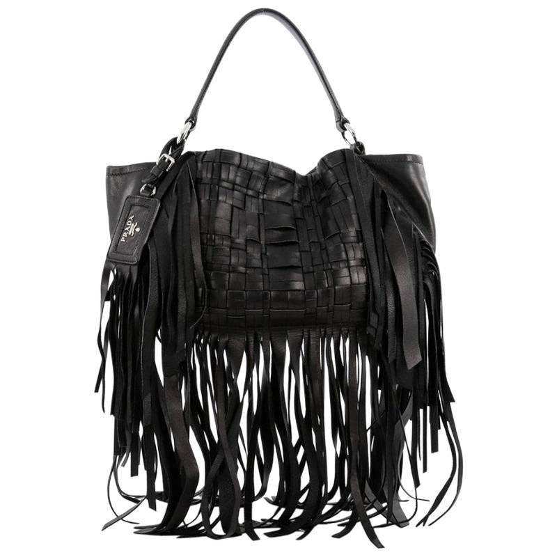 Prada Convertible Fringe Shoulder Bag Woven Nappa Leather Medium