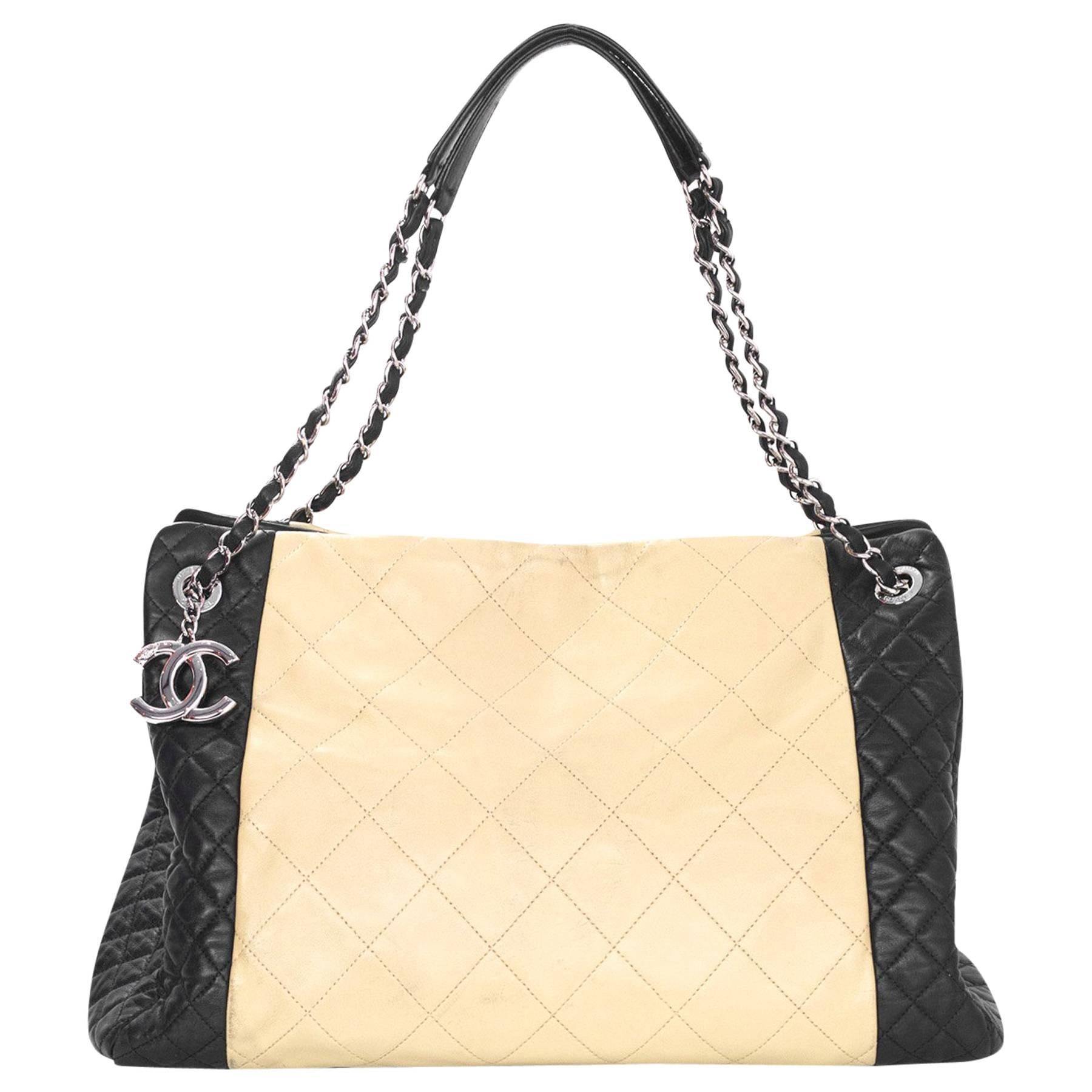 Chanel Beige & Black Quilted Leather Tote Bag