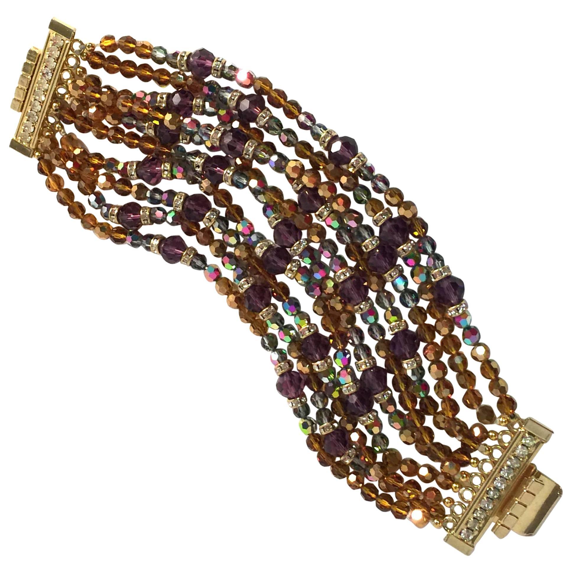 William deLillo 1970s Dazzling 10-strand Multicolor Crystal Rondelle Bracelet For Sale