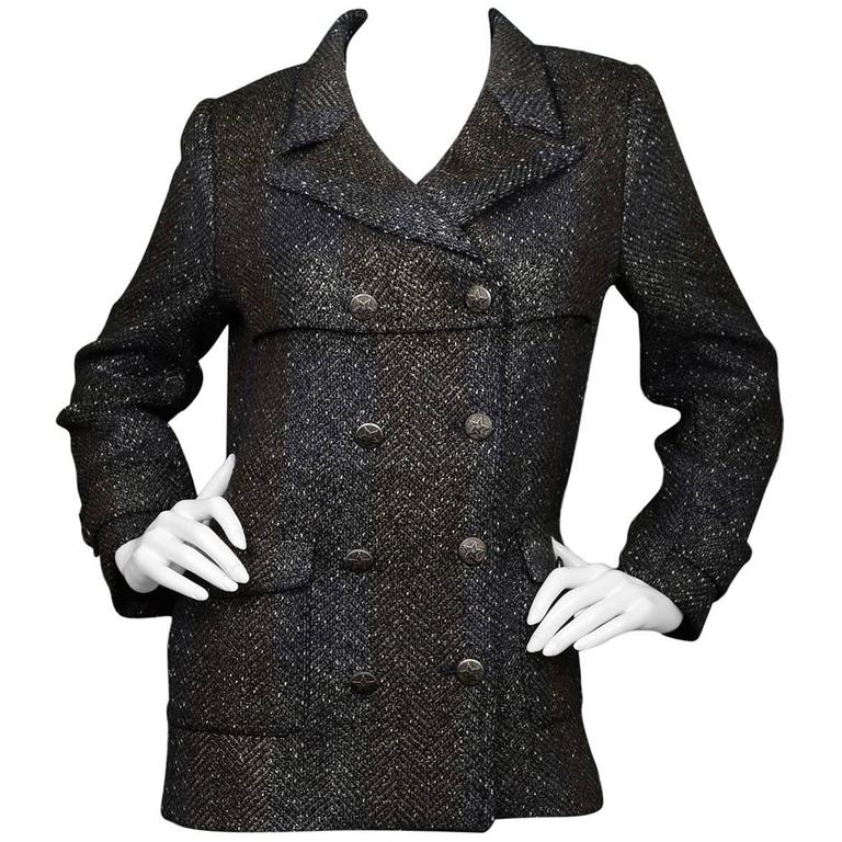 Chanel '07 Grey and Brown Double Breasted Jacket w/ Star Buttons sz ...